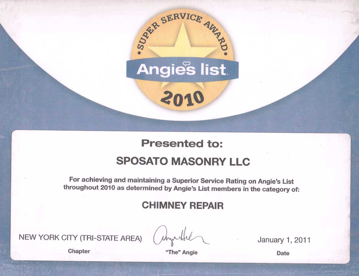 ANGIE'S LIST SUPER SERVICE AWARD 2010 - CHIMNEY REPAIR
