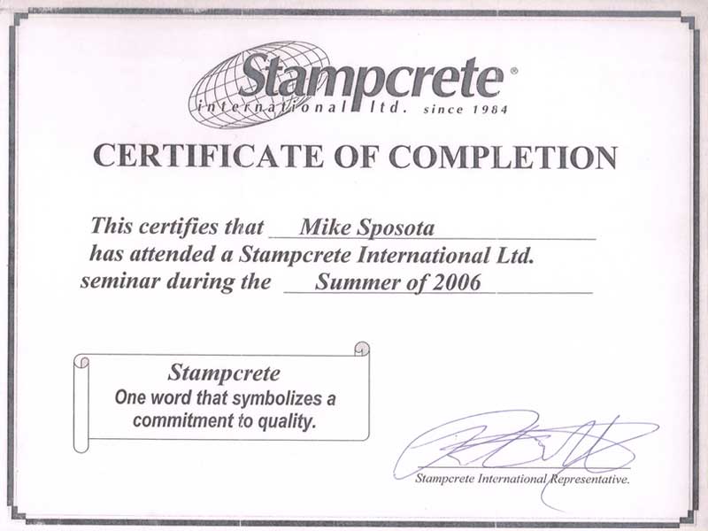 CERTIFICATE - STAMPCRETE COMPLETION 2006